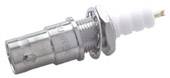 Spark plug with metal housing and ceramic insulator, side view.