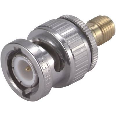 A metallic coaxial adapter with a knurled edge and threaded screw, suitable for connection sockets in electronic devices.