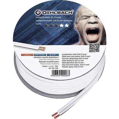 Speaker cable, brand Oehlbach, 2x0.75 mm², length: 10 m. Suitable for speakers with flexible copper wiring, max. 70 W power output.