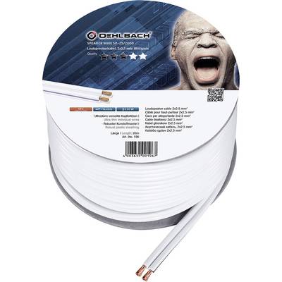 Speaker cable 2x2.5 mm², length 25 m on reel. Product image with brand name and image of a man shouting. Suitable for high-quality audio.