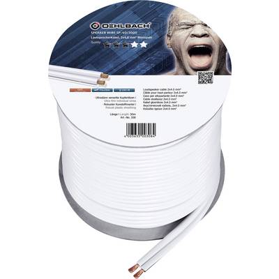 Large roll of white speaker cable by Oehlbach, suitable for 2x4.0 mm² cable, on a grey spool, product packaging on top.