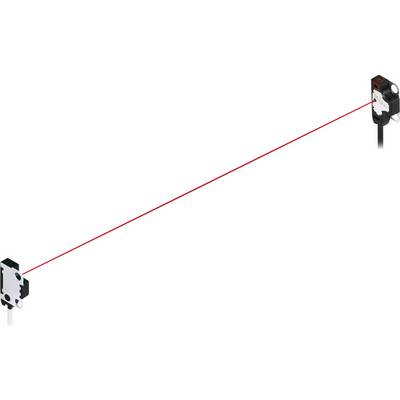 Optical sensor with a red laser beam for object detection. Transmitter on the left, receiver on the right.