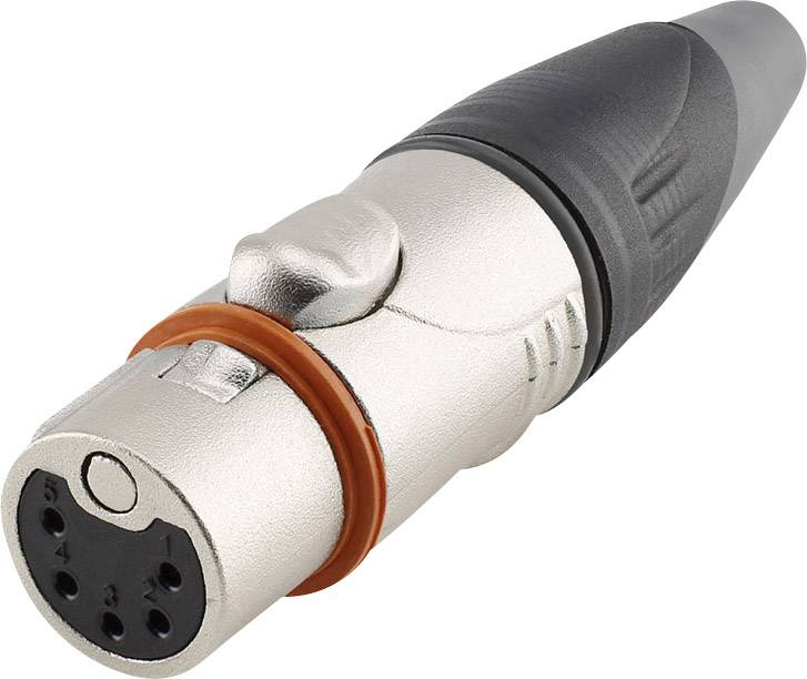 A silver XLR plug with five pins and a black housing, suitable for audio connections in professional applications.