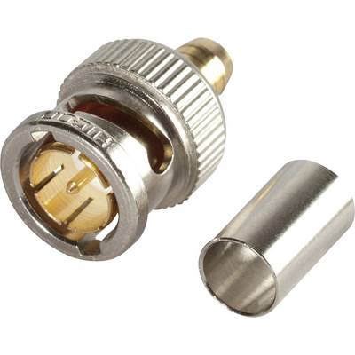 BNC plug made of metal with gold-plated contacts, alongside a metallic sleeve. Used for connecting coaxial cables.