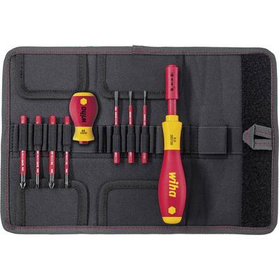 A tool set consisting of several screwdrivers and bits, neatly organised in an open black tool bag.