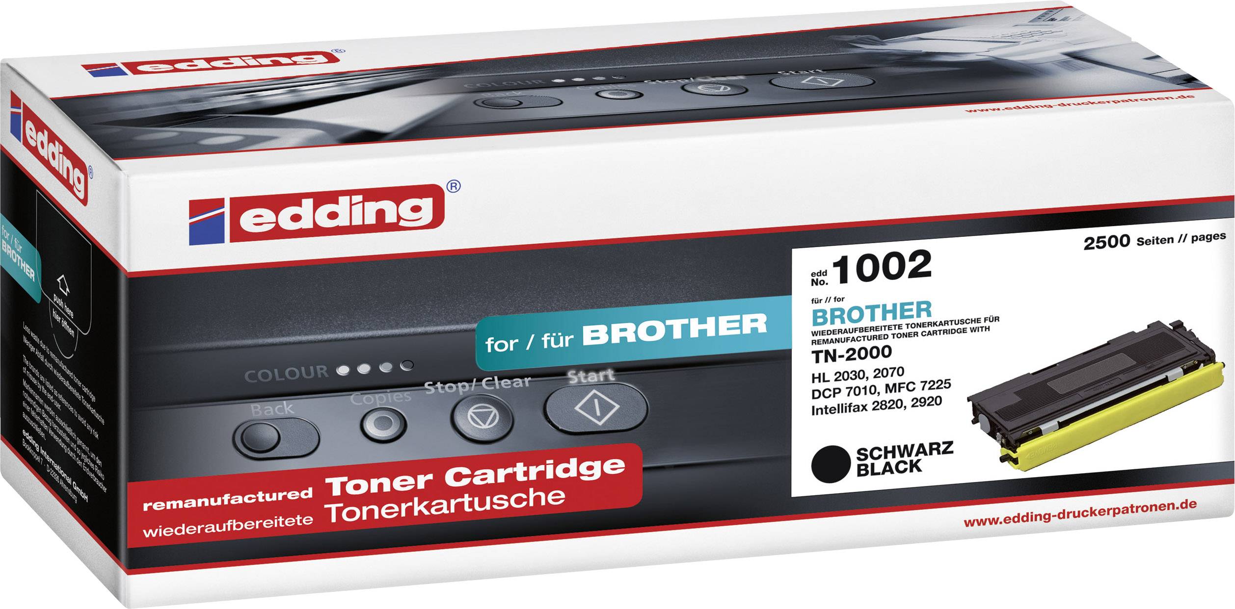 A packaging for an edding toner cartridge for Brother printers. Model number: 1002, Colour: Black, Page yield: 2,500.