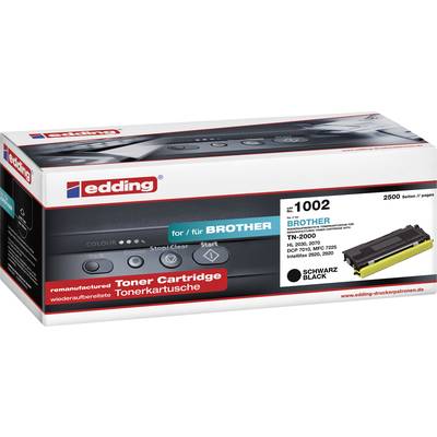A packaging for an edding toner cartridge for Brother printers. Model number: 1002, Colour: Black, Page yield: 2,500.