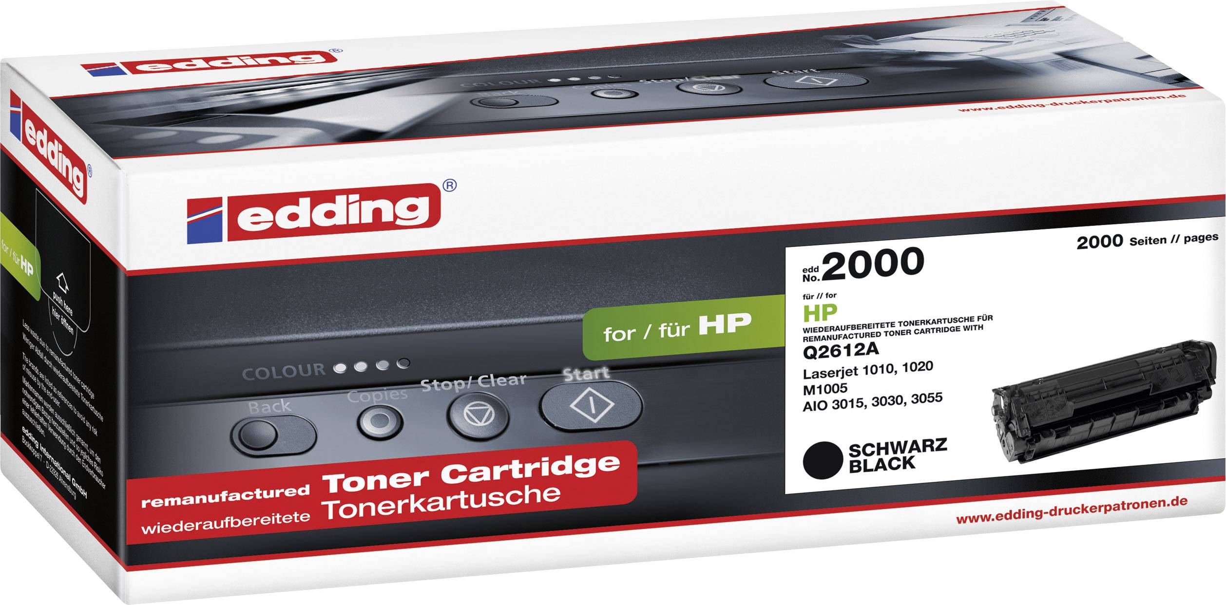 'edding Toner Cartridge for HP', black, Model Q2612A. Compatible with HP LaserJet 1010, 1020, 3015, 3030, 3055. Capacity: 2000 pages.