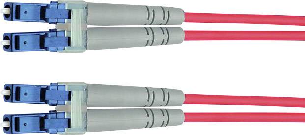 Two blue fibre optic connectors with grey housings are connected by red cables. They are lying parallel and facing away from the viewer.