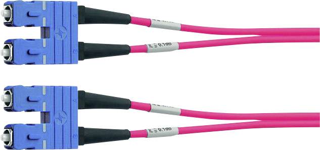 A pink fibre optic cable with two blue connectors, transmitting optical signals, on a white background.