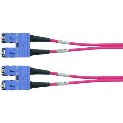 A pink fibre optic cable with two blue connectors, transmitting optical signals, on a white background.