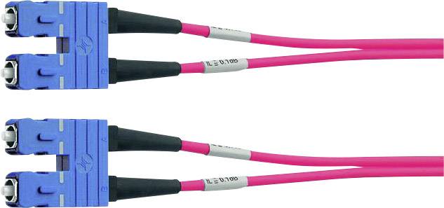 Two blue fibre optic cables with pink sheathing, each with two connectors, lie parallel to one another.