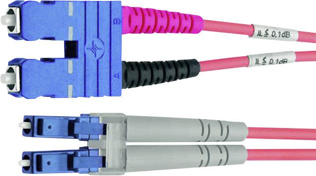 Two optical fibre cables with blue and grey connectors, pink cable sheathing. Labelling shows 'IL ≤ 0.1 dB'.
