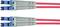 Two grey fibre optic cables with blue connectors run parallel to each other and are connected with red cables.