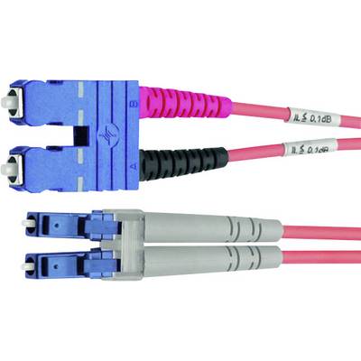 Two optical fibre cables with blue SC connectors and grey LC connectors. Both cables are pink and labelled with attenuation value 'IL ≤ 0.1 dB'.