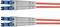 Two grey and red fibre optic cables with blue connectors, lying on top of each other. They are used for high-speed data transmission.
