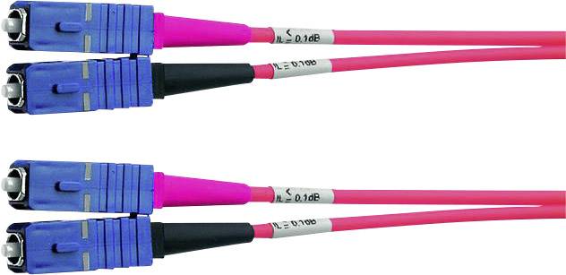 Two blue LC-duplex plugs with pink fibre optic cables, connected and arranged on top of each other, suitable for high-speed data transmission.