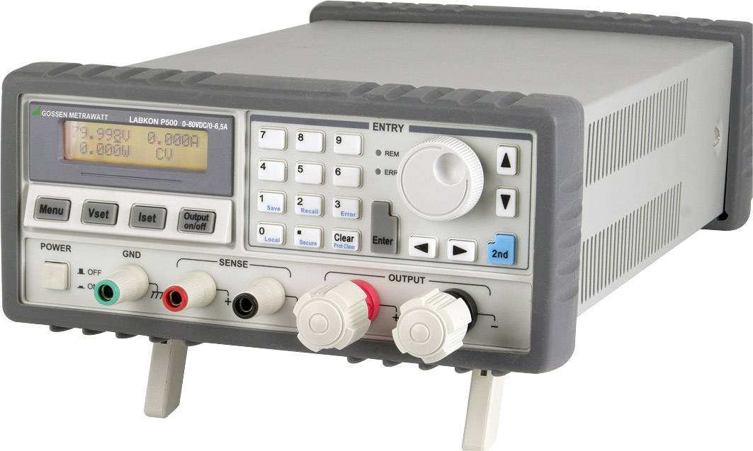 A grey laboratory power supply with digital displays and rotary controls for adjusting voltage and current. Used in electrical testing.