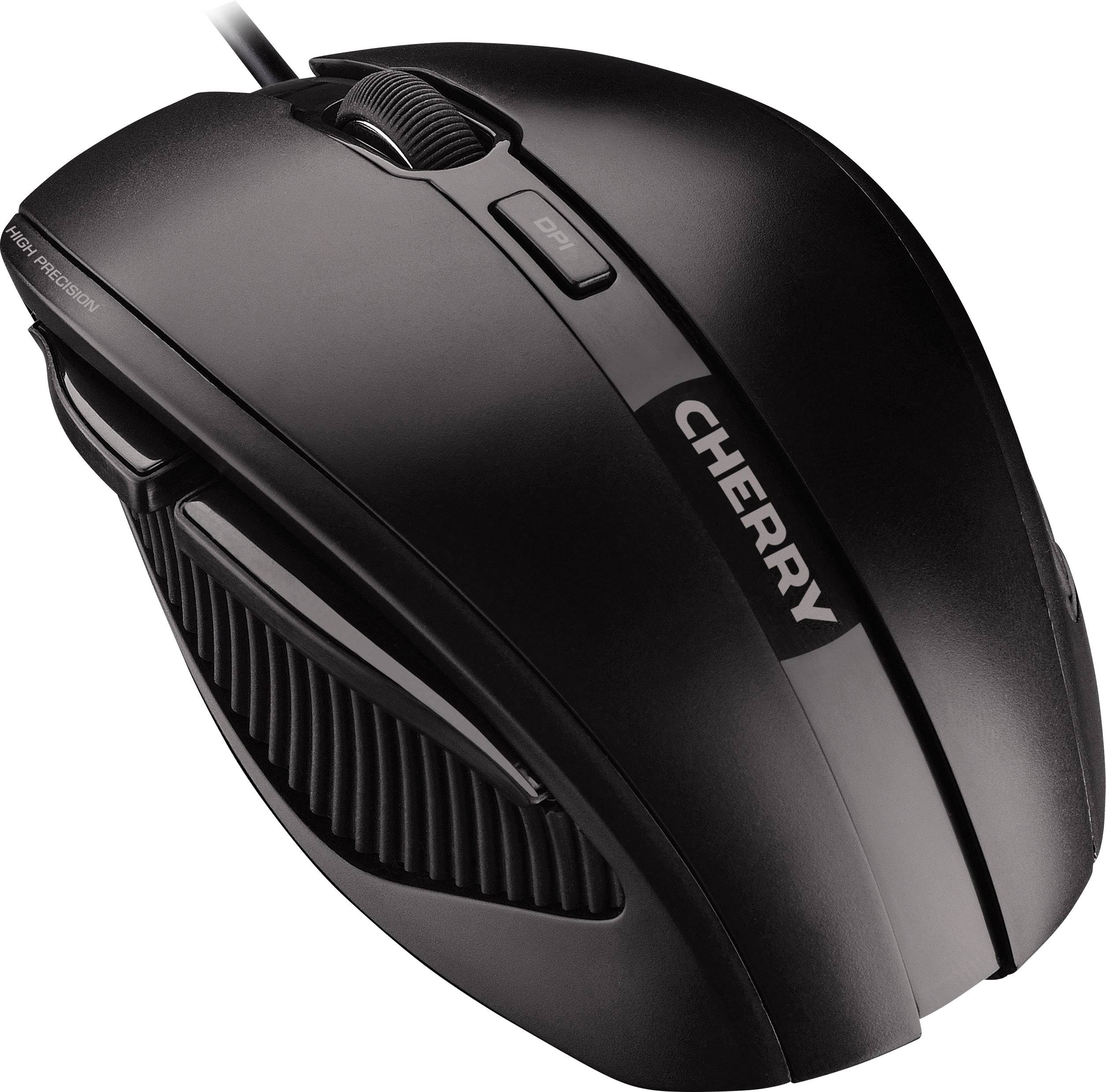 Black computer mouse with two buttons and a scroll wheel. The surface is ergonomically designed, with a 'CHERRY' logo on the side.
