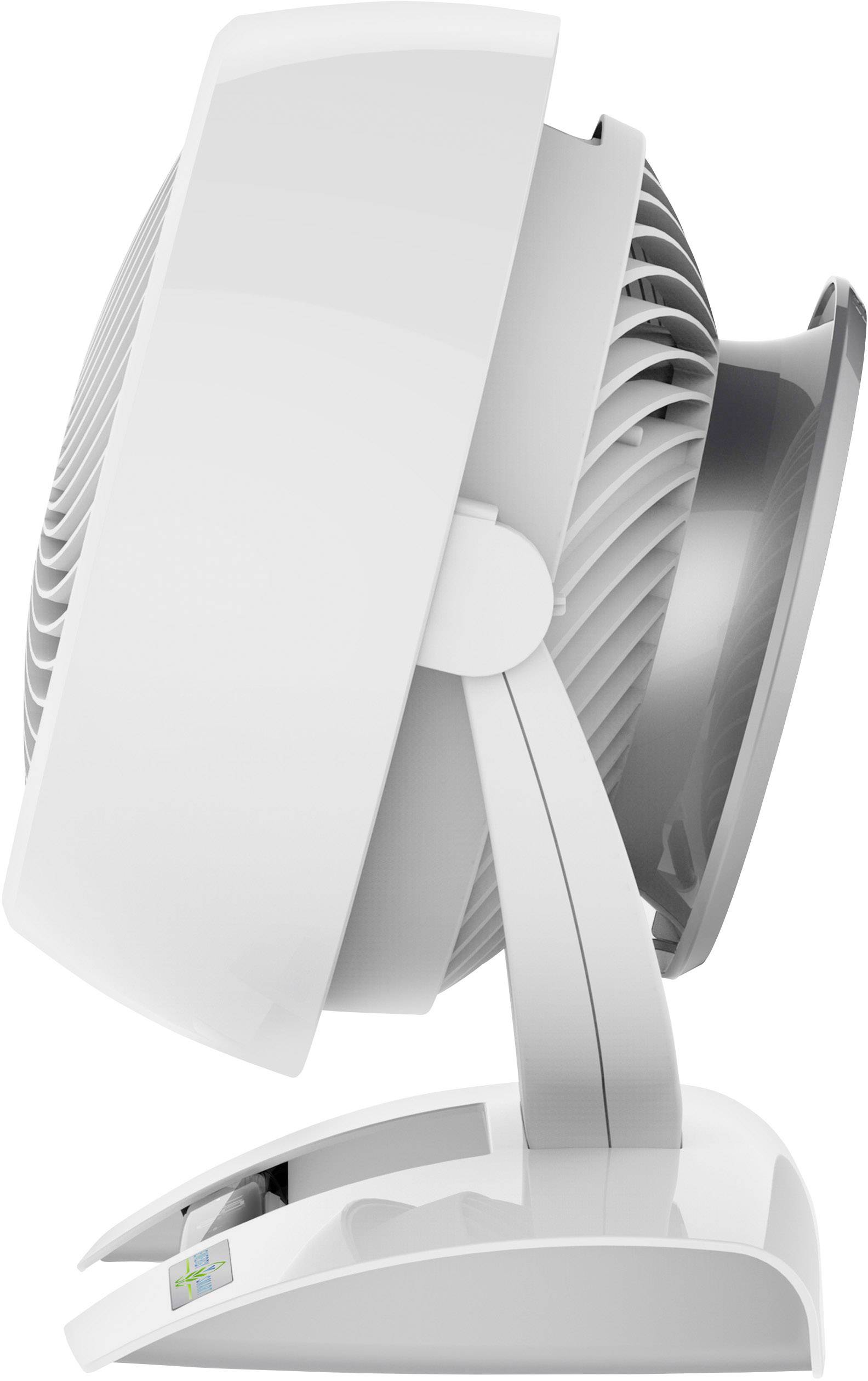 A white desktop fan in side profile, with visible rotor and base. Ideal for use on tables.