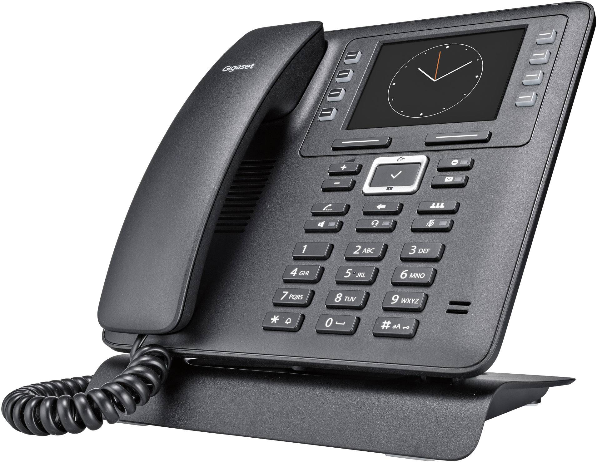 The image depicts a modern, black landline telephone with a digital display showing a time.