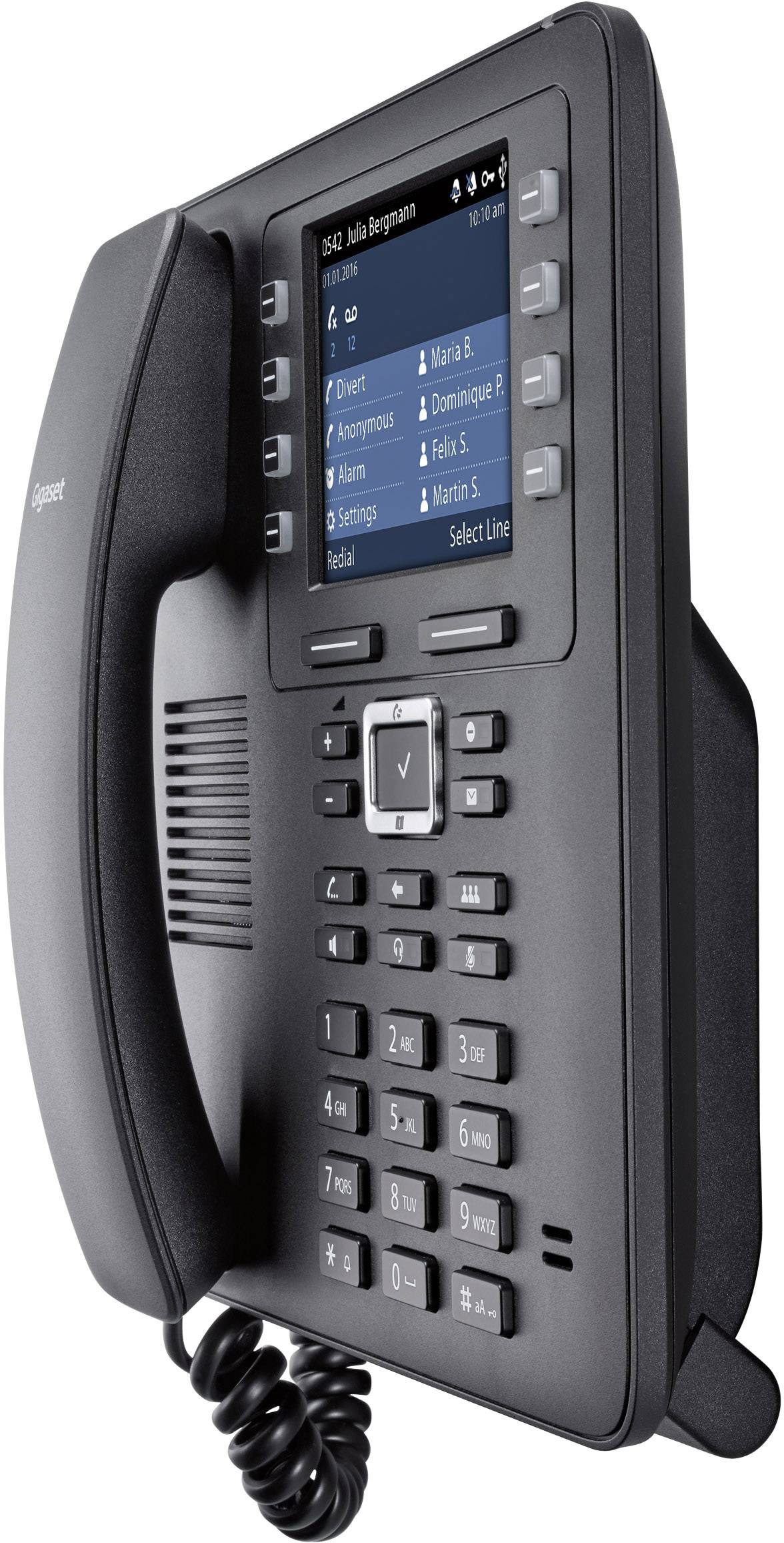 A modern, grey desk telephone with display and keypad. The display shows a contact list and telephone options.