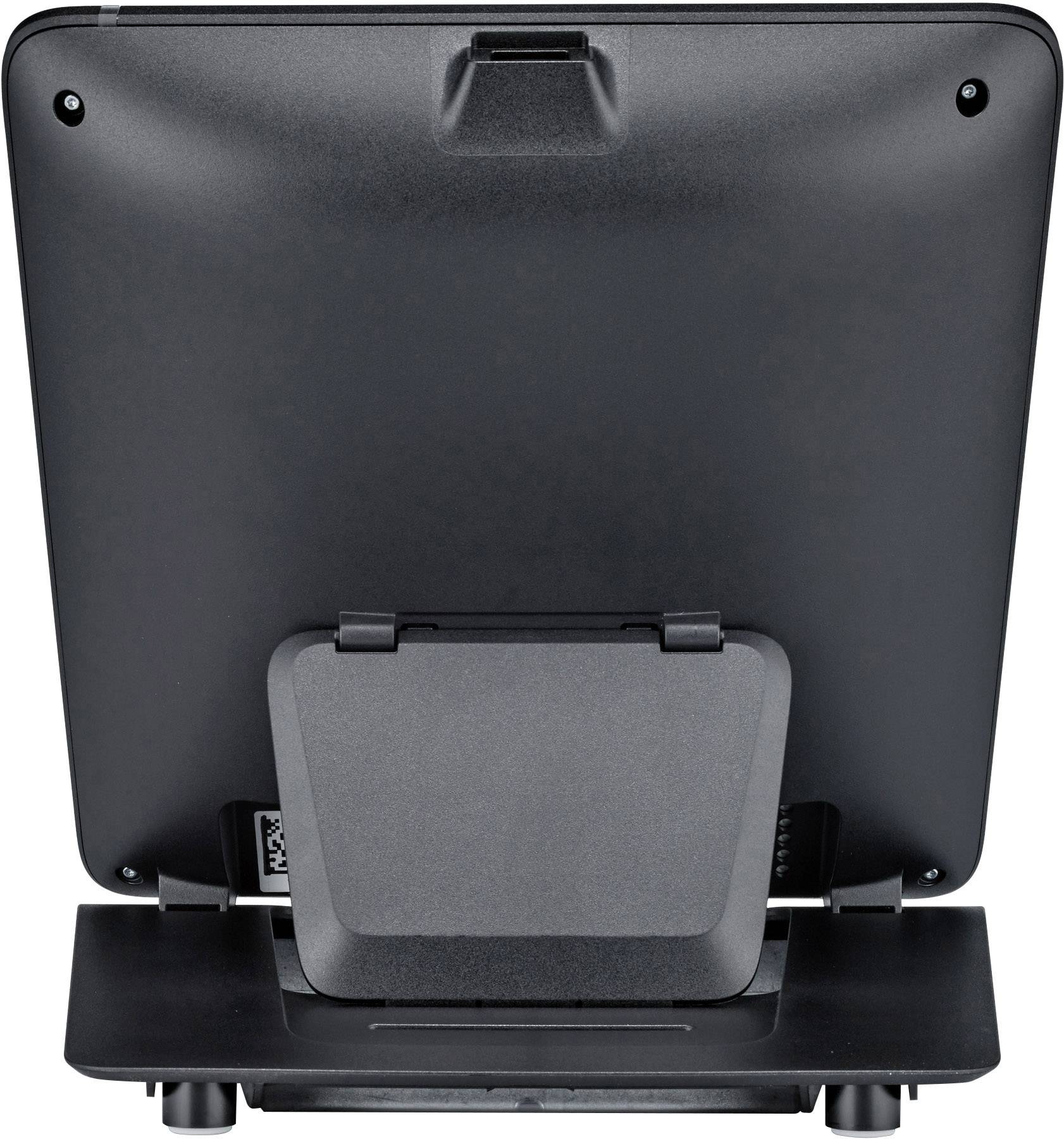 Rear view of a black monitor on a stand. The monitor has an integrated stand that is adjustable for tilt and height.