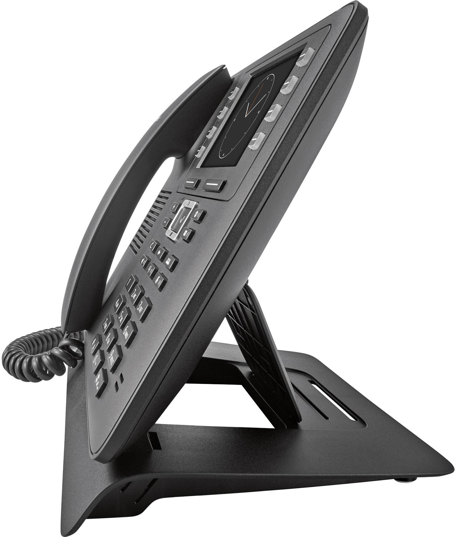 A black office telephone with buttons and display, mounted on a desk stand, photographed from the side.