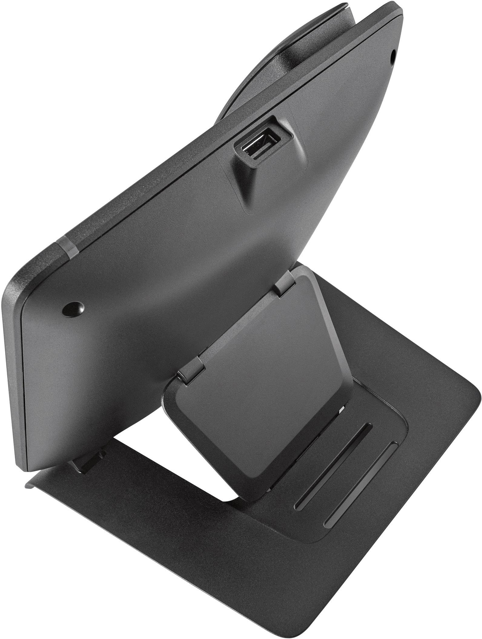 A black, tilting monitor stand with an integrated USB port on the back, suitable for screens in offices.
