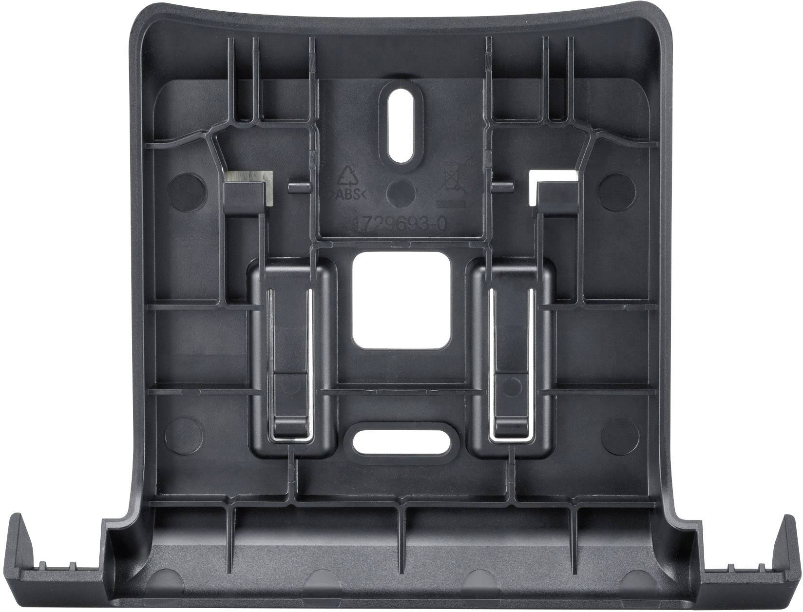Black plastic holder with metal clips and rectangular openings, typical for mounting purposes on furniture or devices.