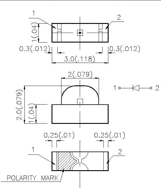 Technical drawing of an LED component with dimensions in millimetres and inches. Shows front and side view with polarity marking.