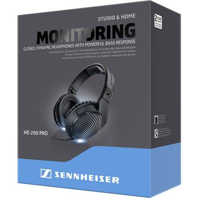 Black over-ear headphones by Sennheiser, Model HD 200 PRO, shown on packaging. Text highlights closed design and powerful bass reproduction.