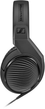 Black headphones with ribbed design and cable. 'Sennheiser' brand name visible on the headband.