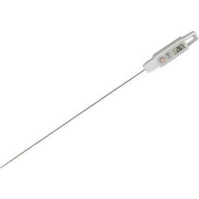 A digital kitchen thermometer with a long probe is displaying 26.4 degrees Celsius on the display.