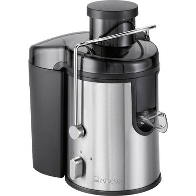 Stainless steel electric juicer with black lid and lever. Two speed settings and spout.