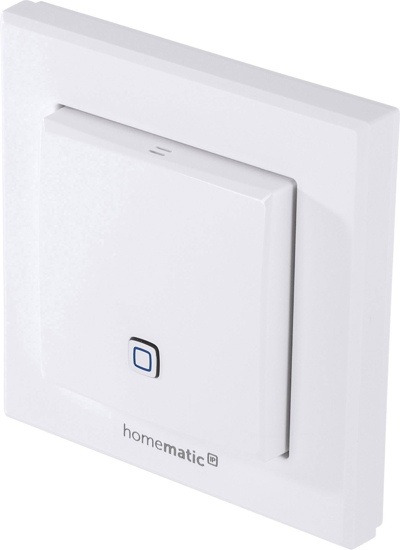 A Homematic IP wall switch for controlling smart home devices. The switch has a square, white design with a central blue button.