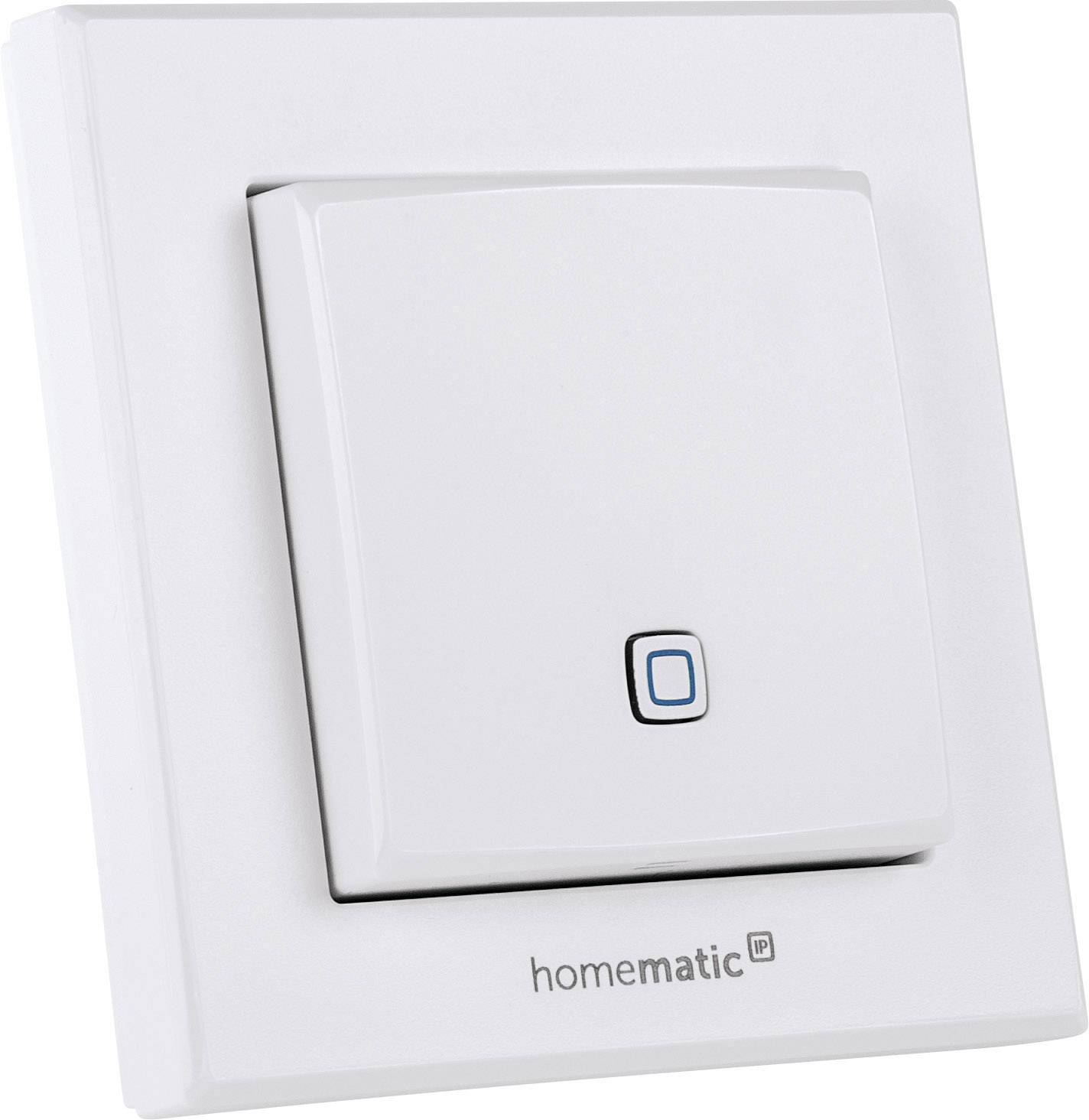 Light switch by Homematic with a rectangular design and a blue symbol in the centre.