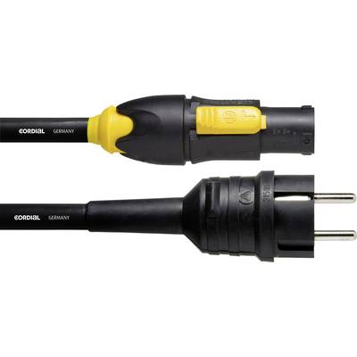 Two black electrical cables with yellow accents; the upper plug is an XLR connector, the lower one a earthed plug.