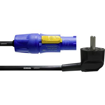 'Proximity of a blue PowerCon connector with a yellow lock and a black Schuko plug. Both connected by Cordial Germany cables.'