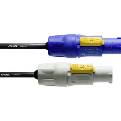 Two PowerCon connectors, one blue and the other grey, with a yellow slider, marked with 'Cordial Germany'.