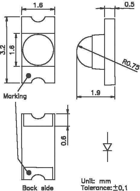 Technical drawing of an electronic component with dimensions in millimetres: height 3.2, width 1.9, side radii 0.75, thickness 0.5.