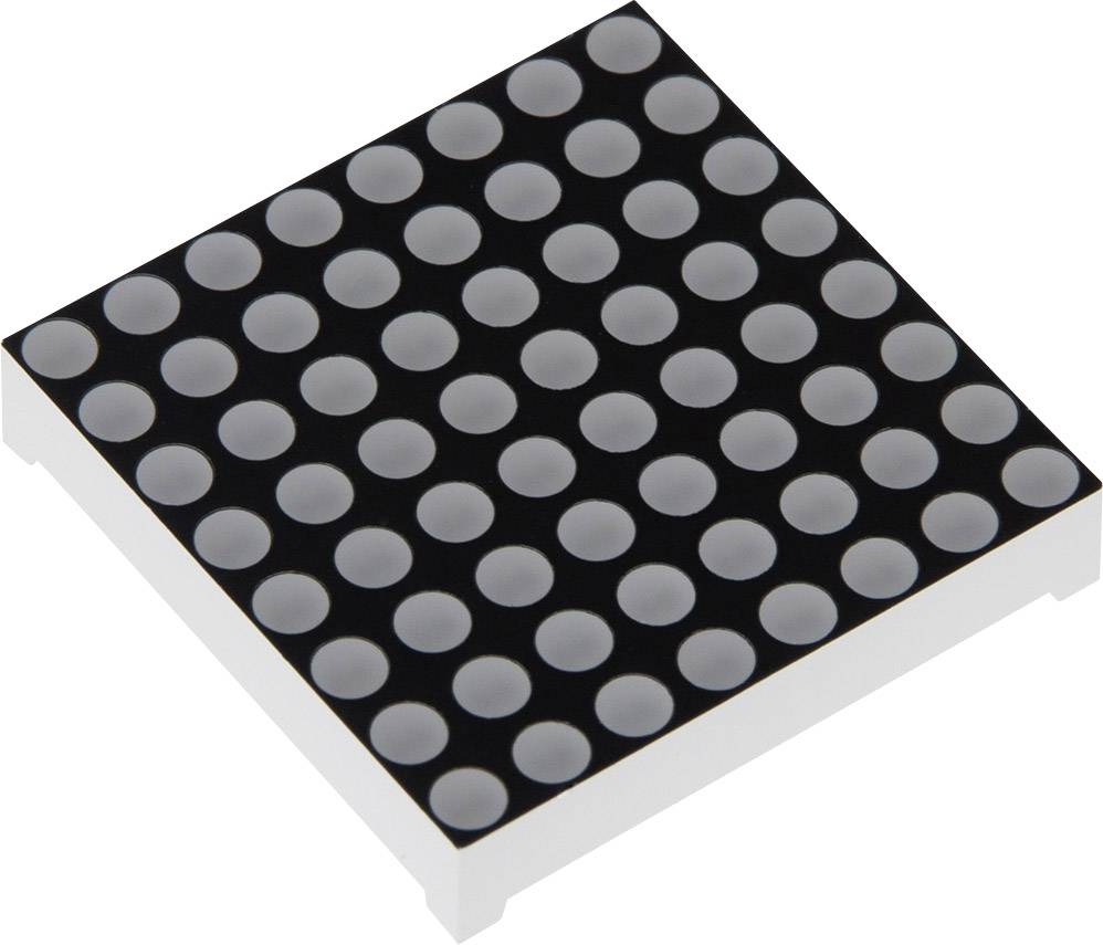 LED matrix with a square grid of white, round LEDs on a black background, used for displaying text or graphics.