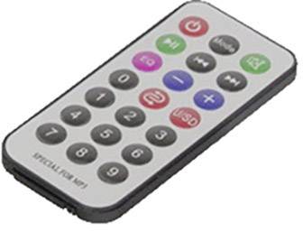 A small, rectangular remote control with buttons for play, pause, volume, and numerical input, labelled with 'SPECIALLY FOR MP3'.