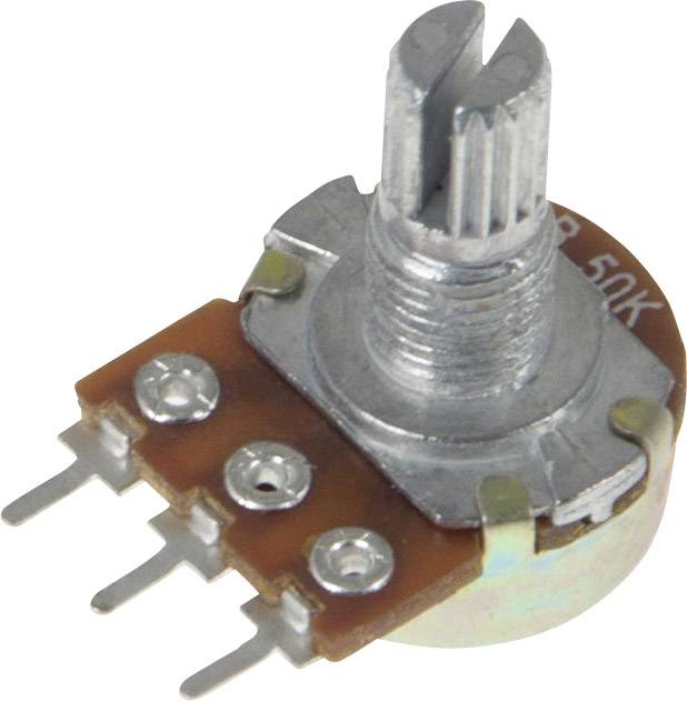 Rotary potentiometer with silver shaft and three terminals. It is an electrical component used for controlling voltage or current.