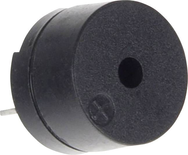 Black cylindrical piezoelectric buzzer with a small opening at the top and two metal terminals at the bottom.