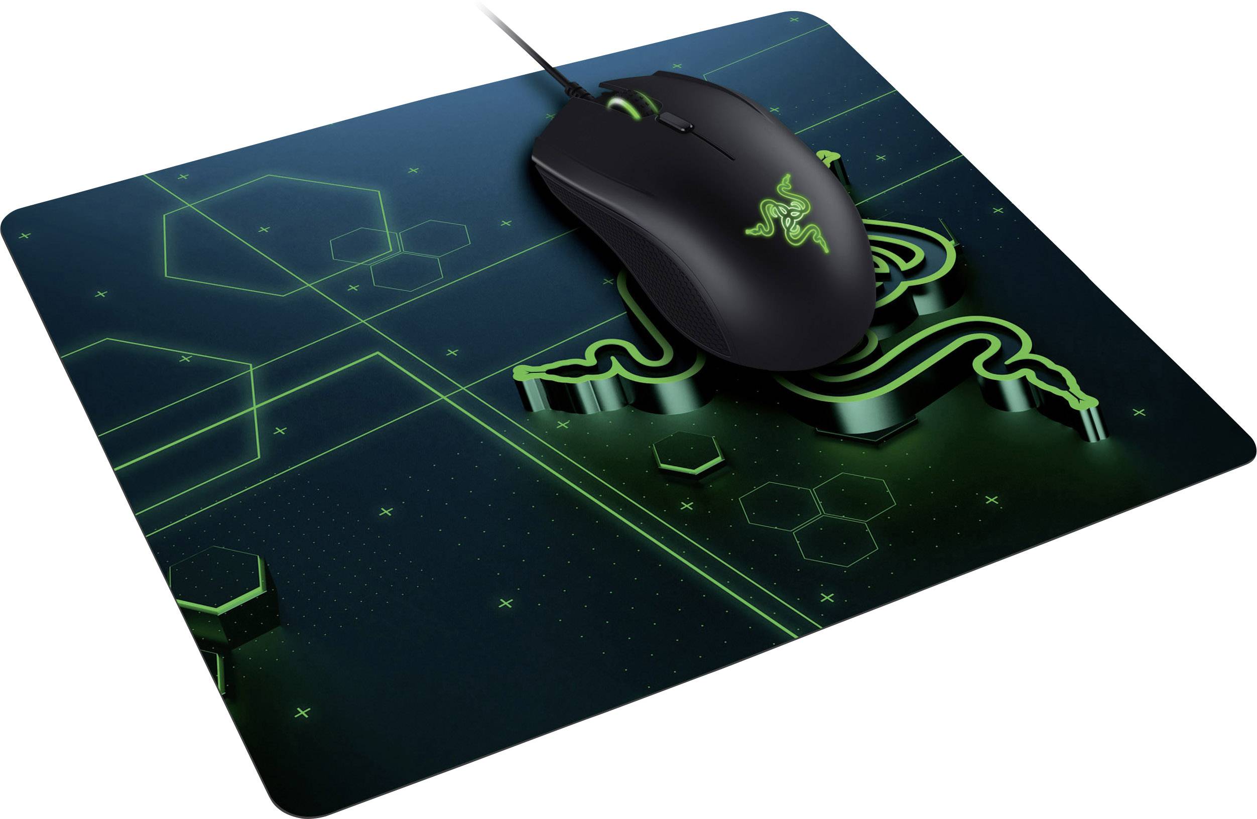 A black computer mouse with a green pattern sits on a matching mousepad with a geometric design.