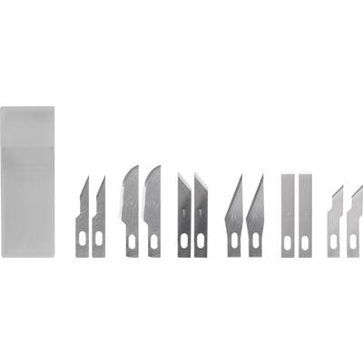 Set of several scalpel-like blades in various shapes and sizes, next to a grey storage box.