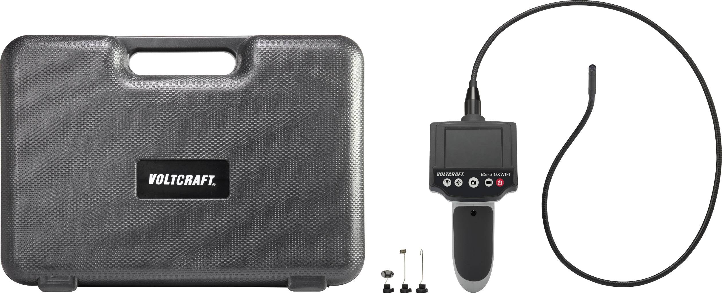 'VOLTCRAFT BS-10 Endoscope Camera' with flexible cable and black housing. Includes transport case and accessories.