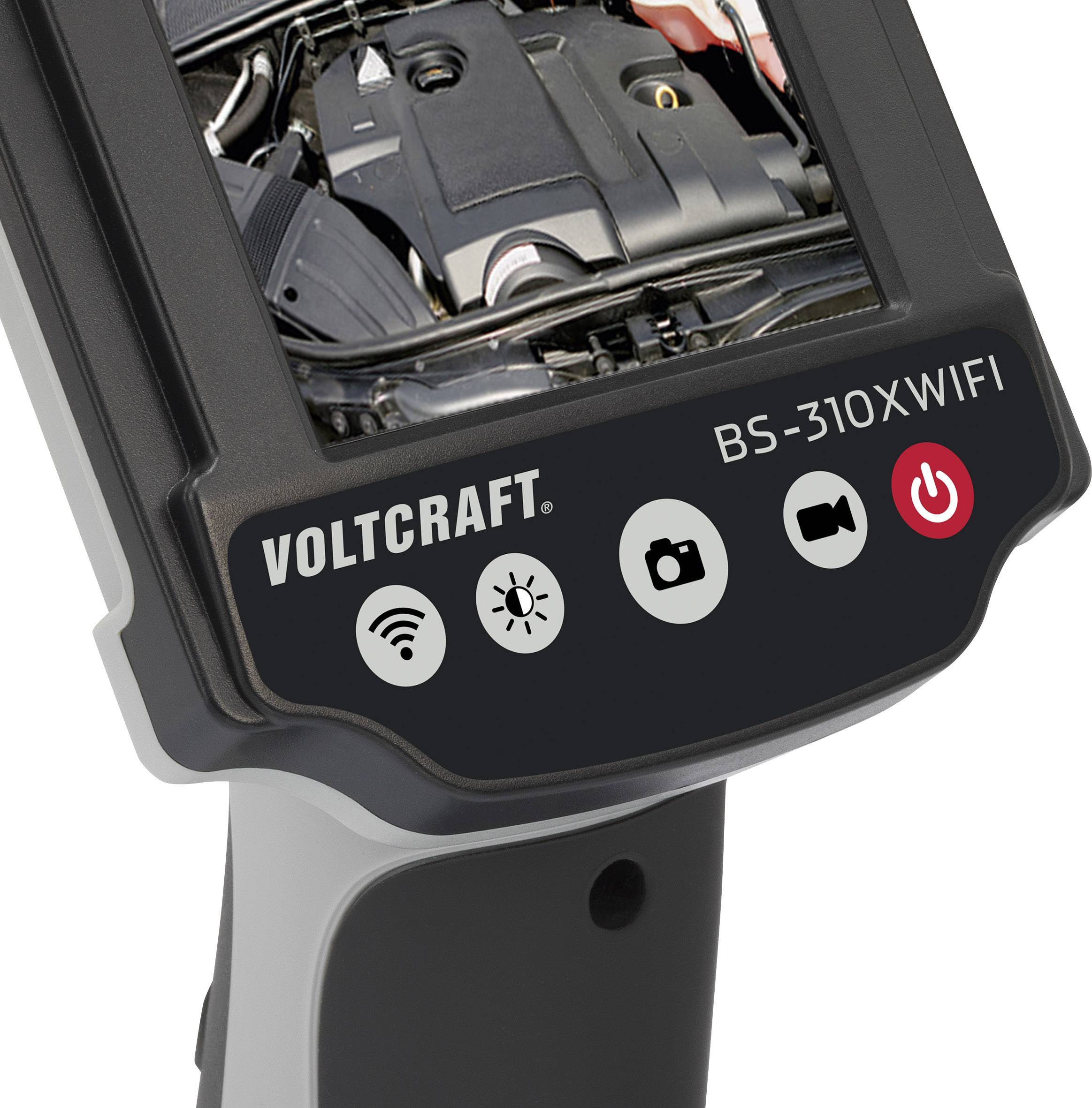 An inspection device with a display shows the image of an engine compartment. Symbols for Wi-Fi, light, and camera are located on the surface.