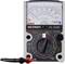 Analogue Multimeter 'Voltcraft VC-5081' displays voltage, resistance, and frequency on its scale. Dial and red test leads visible.